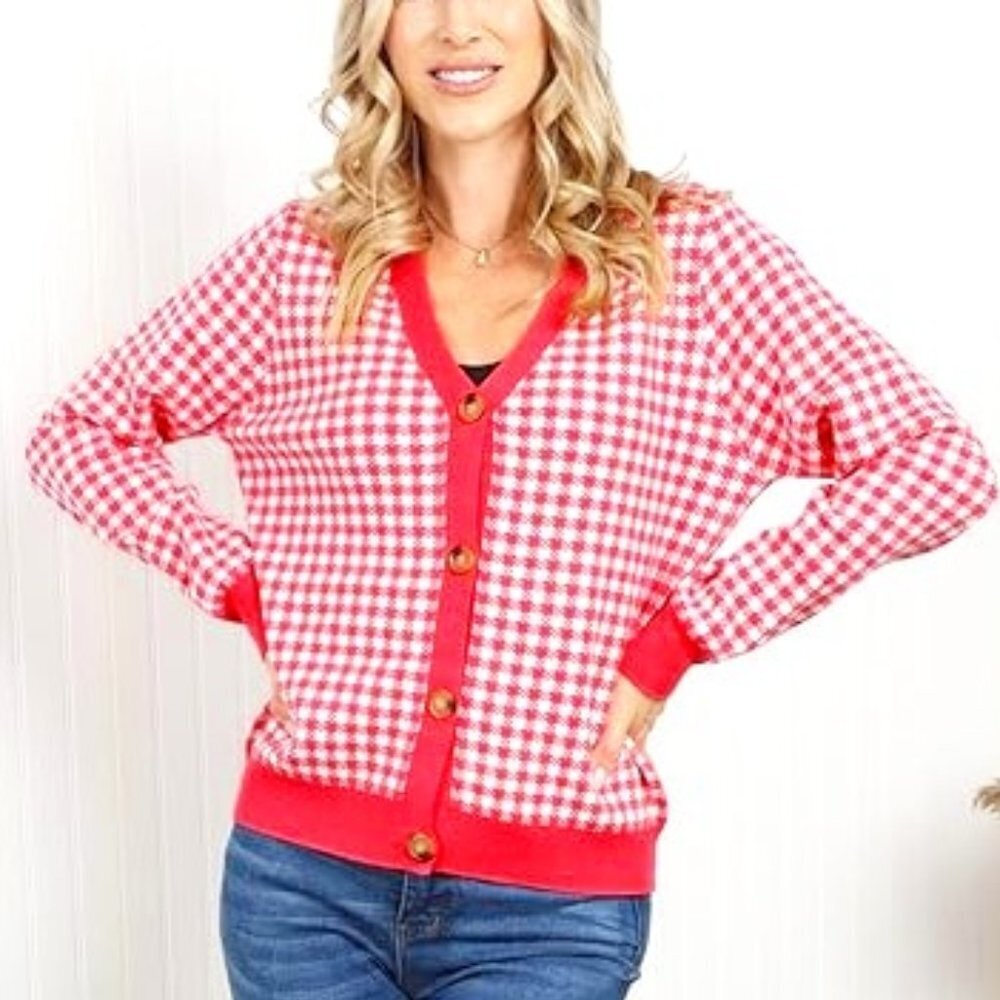 Sew in Love Women's Full Size Houndstooth Button Front Cardigan